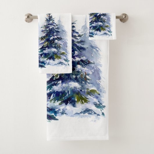 Watercolor Winterwald Weihnachtsbaum modern schlec Badhandtuch Set (Insitu)