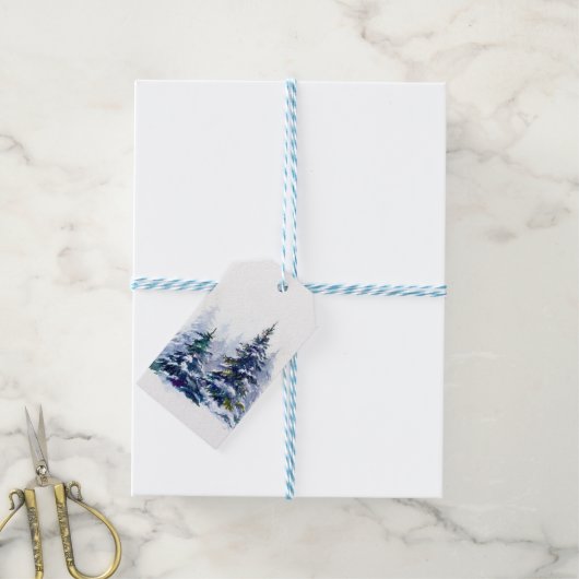 Watercolor Winterwald Weihnachtsbaum modern schlec Geschenkanhänger (Mit Garn)