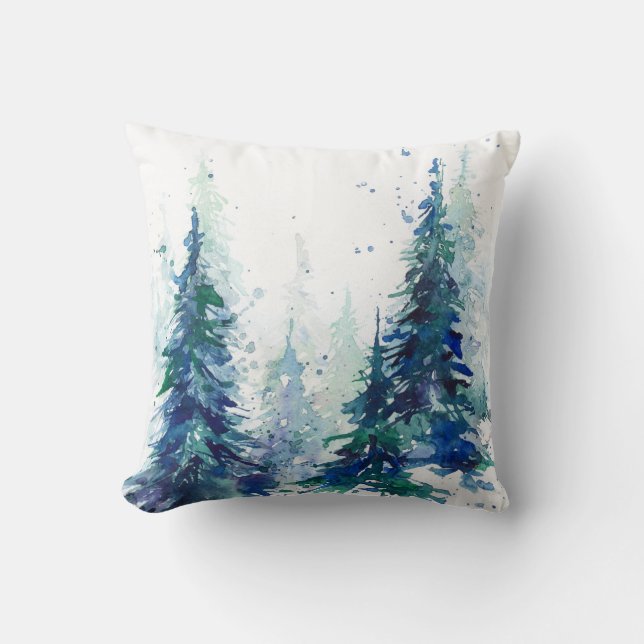 Watercolor Winterwald Weihnachtsbaum modern schlec Kissen (Vorderseite)