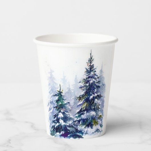 Watercolor Winterwald Weihnachtsbaum modern schlec Pappbecher (Rückseite)