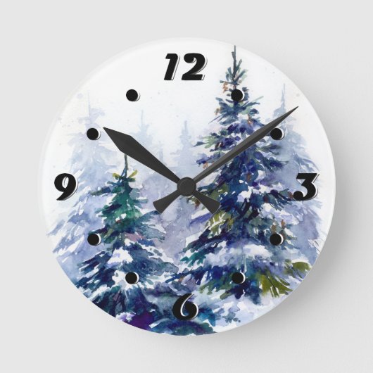 Watercolor Winterwald Weihnachtsbaum Moderne schle Runde Wanduhr (Vorderseite)