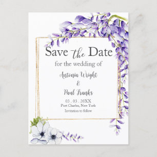 Watercolor Wisteria Blooms Wedding Save the Date Postkarte