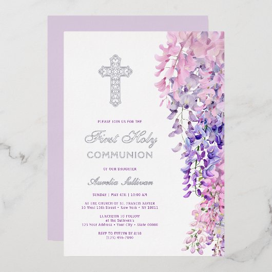 Watercolor Wisteria First Communion Folieneinladung (Vorderseite/Rückseite)