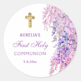 Watercolor Wisteria First Communion Round Sticker