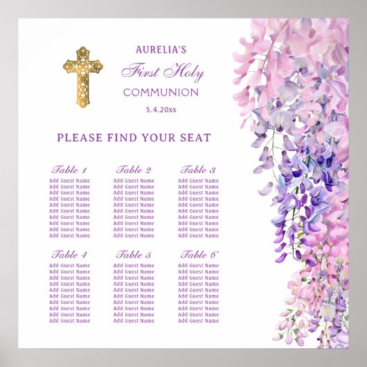 Watercolor Wisteria First Communion Seating Chart Poster (Vorne)