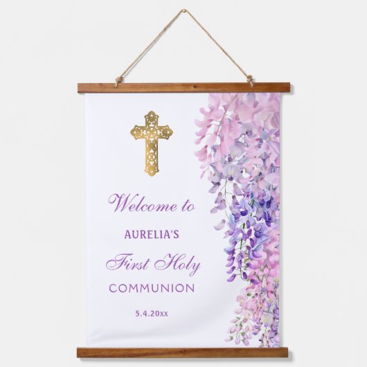 Watercolor Wisteria First Communion Welcome Wandteppich Mit Holzrahmen (Vorderseite)