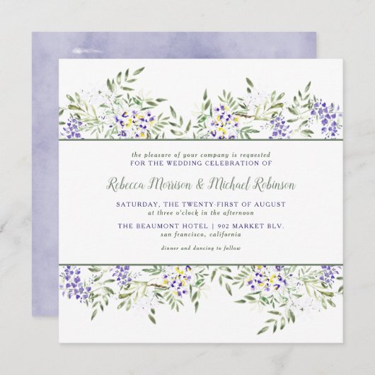 Watercolor Wisteria Wedding Einladung | Quadrat (Vorne/Hinten)