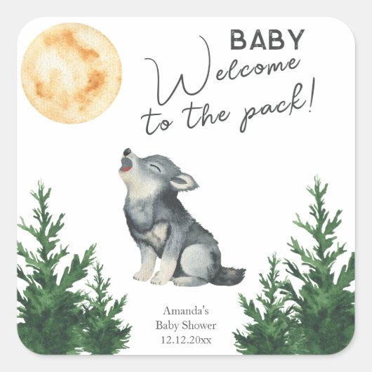 Watercolor Wolf Baby Shower Quadratischer Aufkleber (Vorderseite)