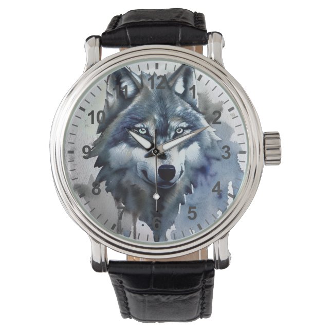 Watercolor Wolf Head Dusty Blue Armbanduhr (Vorderseite)