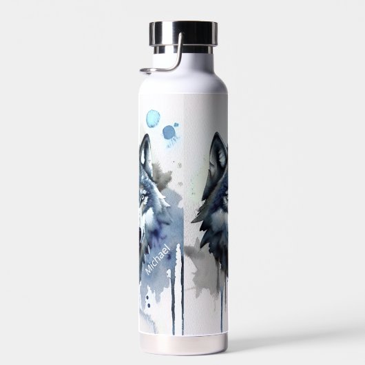 Watercolor Wolf Head Dusty Blue Monogram Trinkflasche (Rechts)