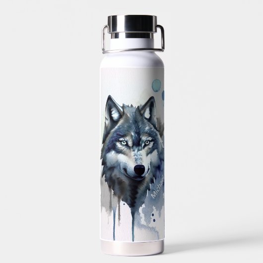 Watercolor Wolf Head Dusty Blue Monogram Trinkflasche (Rückseite)