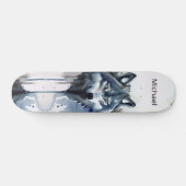 Watercolor Wolf Head Dusty Blue Skateboard (Horizontal)