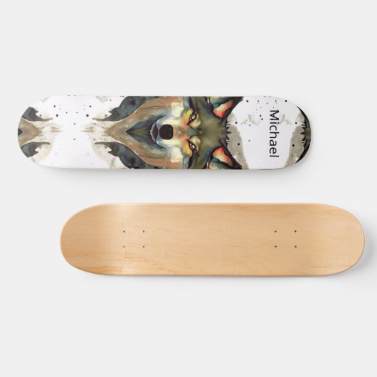 Watercolor Wolf Head Warme Tones Monogram Skateboard (Horizontal)
