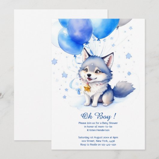 Watercolor Wolf Kinderdusche Einladung (Vorne/Hinten)