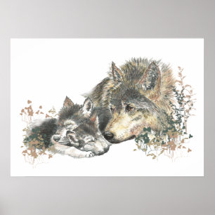 Watercolor Wolf Paradies & Cub Tierart Poster