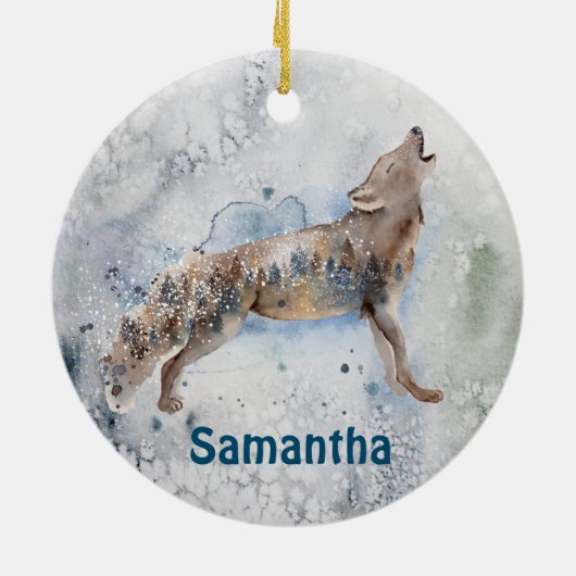Watercolor Wolf Personalized Winter Keramik Ornament (Hinten)