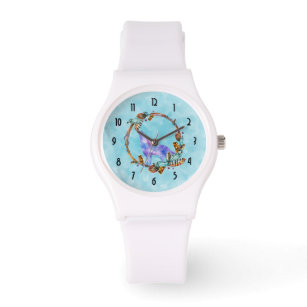Watercolor Wolf Stehend in einem Boho Style Kranz Armbanduhr