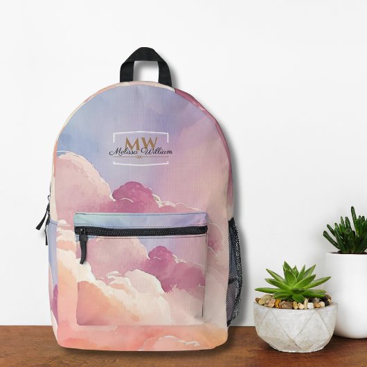 Watercolor Wolken Black Gold Monogram Name Script Bedruckter Rucksack