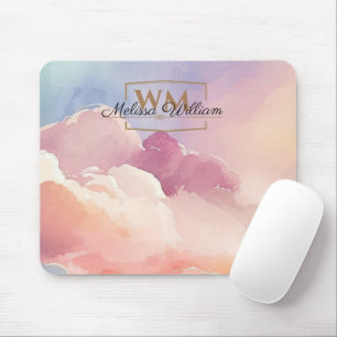 Watercolor Wolken Black Gold Monogram Name Script Mousepad