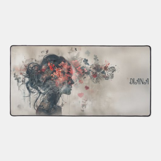 Watercolor Woman Silhouette with Hearts Schreibtischunterlage (Vorderseite)