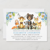 Watercolor Woodland Animals Blue Floral Einladung (Vorderseite)
