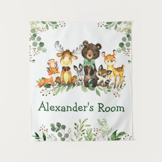 Watercolor Woodland Animals Green Bow Wandteppich (Vorderseite)