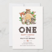 Watercolor Woodland Animals Happy Camper Geburtsta Einladung (Vorderseite)