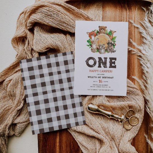 Watercolor Woodland Animals Happy Camper Geburtsta Einladung