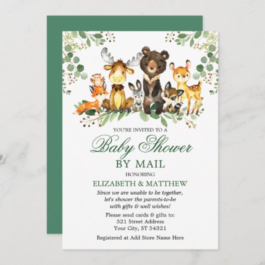 Watercolor Woodland Animals Kinderdusche per Post Einladung (Vorne/Hinten)