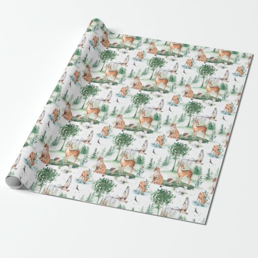 Watercolor Woodland Baby Animal Muster Geschenkpapier (Ungerollt)