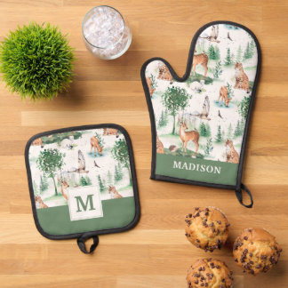 Watercolor Woodland Baby Animal Muster Ofenhandschuh & Topflappen-Set