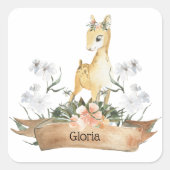Watercolor Woodland Baby Fawn Individuelle Name Quadratischer Aufkleber (Vorderseite)