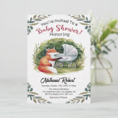 Watercolor Woodland Baby Fox Boy Dusche Einladung (Stehend Vorderseite)