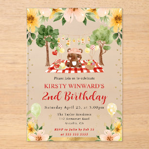 Watercolor Woodland Bear Picnic Kindergeburtstag Acryleinladungen