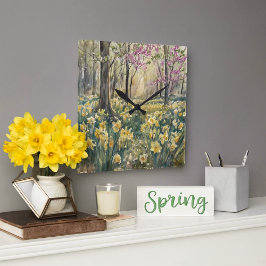 Watercolor Woodland Daffodils Blossoms  Quadratische Wanduhr