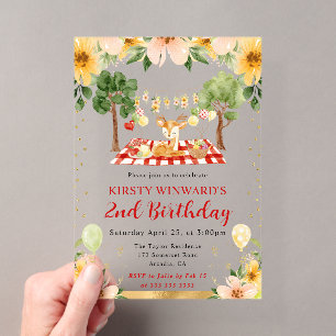 Watercolor Woodland Deer Picnic Kindergeburtstag Acryleinladungen