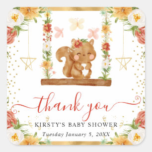 Watercolor Woodland Eichhörnchen Babydusche Quadratischer Aufkleber