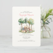 Watercolor Woodland Forest Books Baby Girl Dusche Einladung (Stehend Vorderseite)