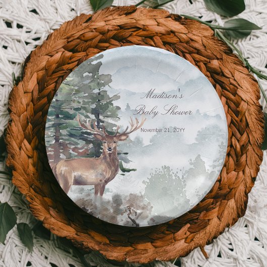 Watercolor Woodland Forest Stag Kinderdusche Pappteller