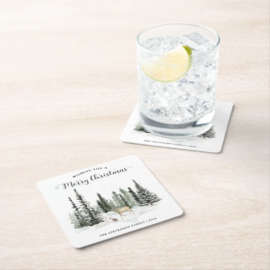 Watercolor Woodland Frohe Weihnachten Rechteckiger Pappuntersetzer (Vor Ort)
