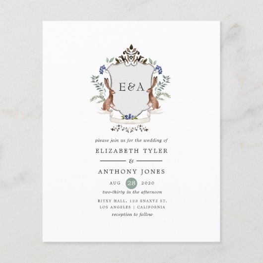 Watercolor Woodland Laurel Wappen Monogram Wedding Flyer (Vorne)