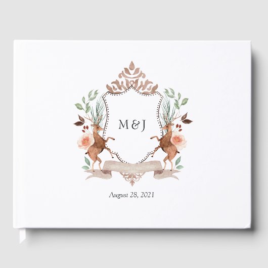 Watercolor Woodland Laurel Wappen Monogram Wedding Gästebuch (Vorderseite)