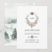 Watercolor Woodland Laurel Wappen Monogram Wedding Save The Date (Vorne/Hinten)