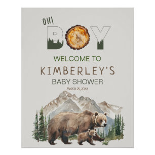 Watercolor Woodland Oh Boy Bear Baby Dusche Poster