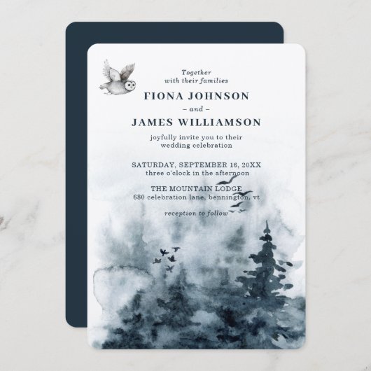 Watercolor Woodland Owl Trees Wedding Einladung (Vorne/Hinten)