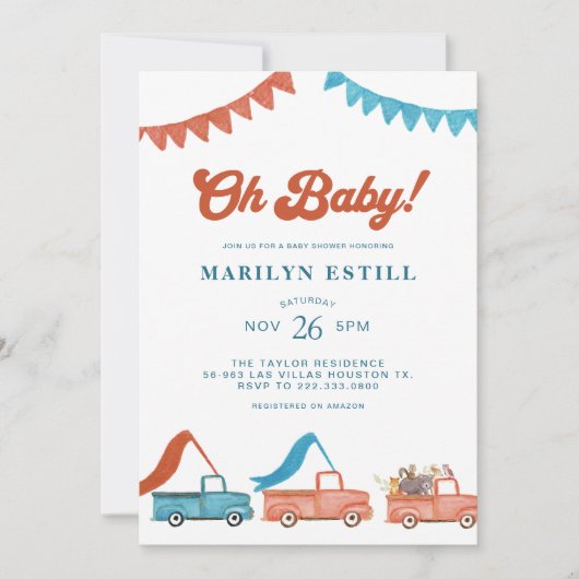 Watercolor Woodland Red Blue Baby Dusche Einladung (Vorderseite)