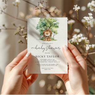 Watercolor Woodland Snow Lion Baby Dusche Einladung