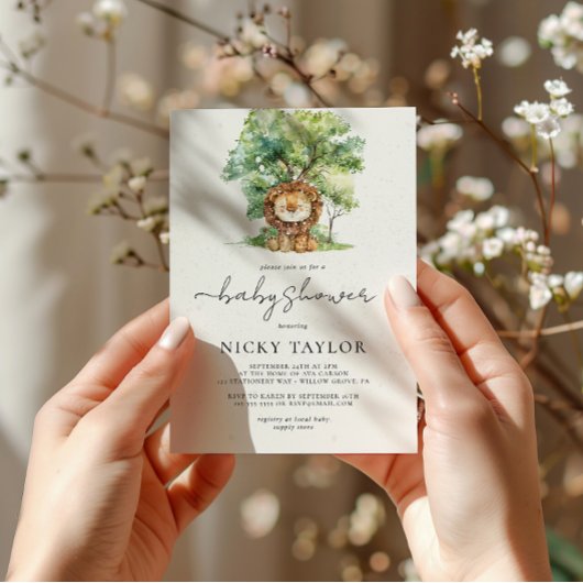 Watercolor Woodland Snow Lion Baby Dusche Einladung