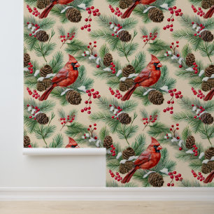 Watercolor Woodland Snow Pine Branch Kardinal Bird Tapete