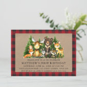 Watercolor Woodland Tiere Rustikal Erster Geburtst Einladung (Stehend Vorderseite)